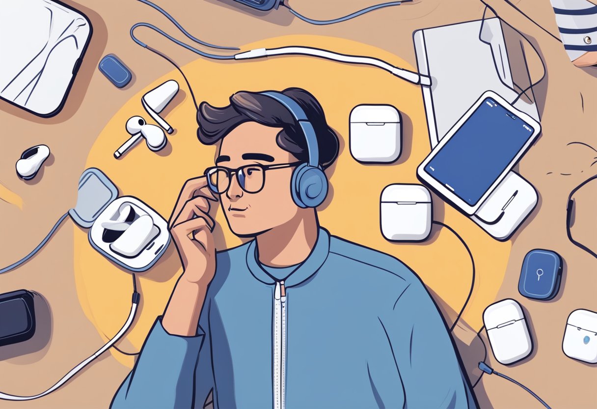 A person using a smartphone with AirPods, frustrated while trying to make a messenger call. They are reaching out for support and considering reinstalling the AirPods