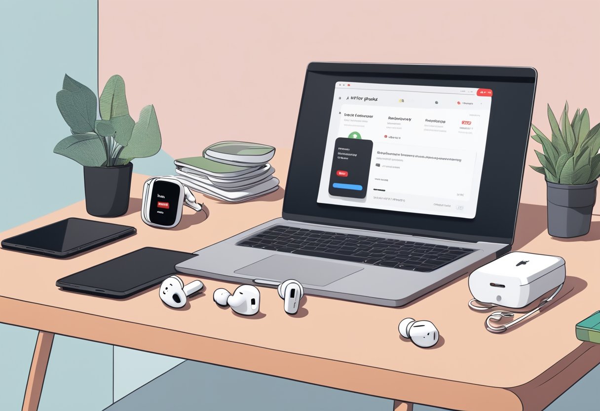 Airpods lay next to a laptop with a Netflix error message on the screen. A person troubleshoots the issue with various devices and cables nearby