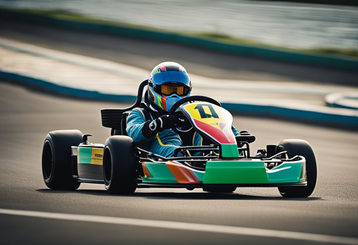 A go-kart with glasses racing around a track