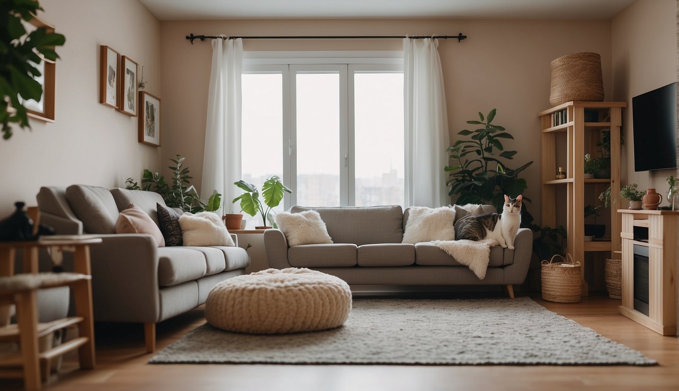 A cozy living room with a cat tree, scratching post, and toys scattered on the floor. A litter box tucked away in a corner and a comfy bed for the cat to sleep in