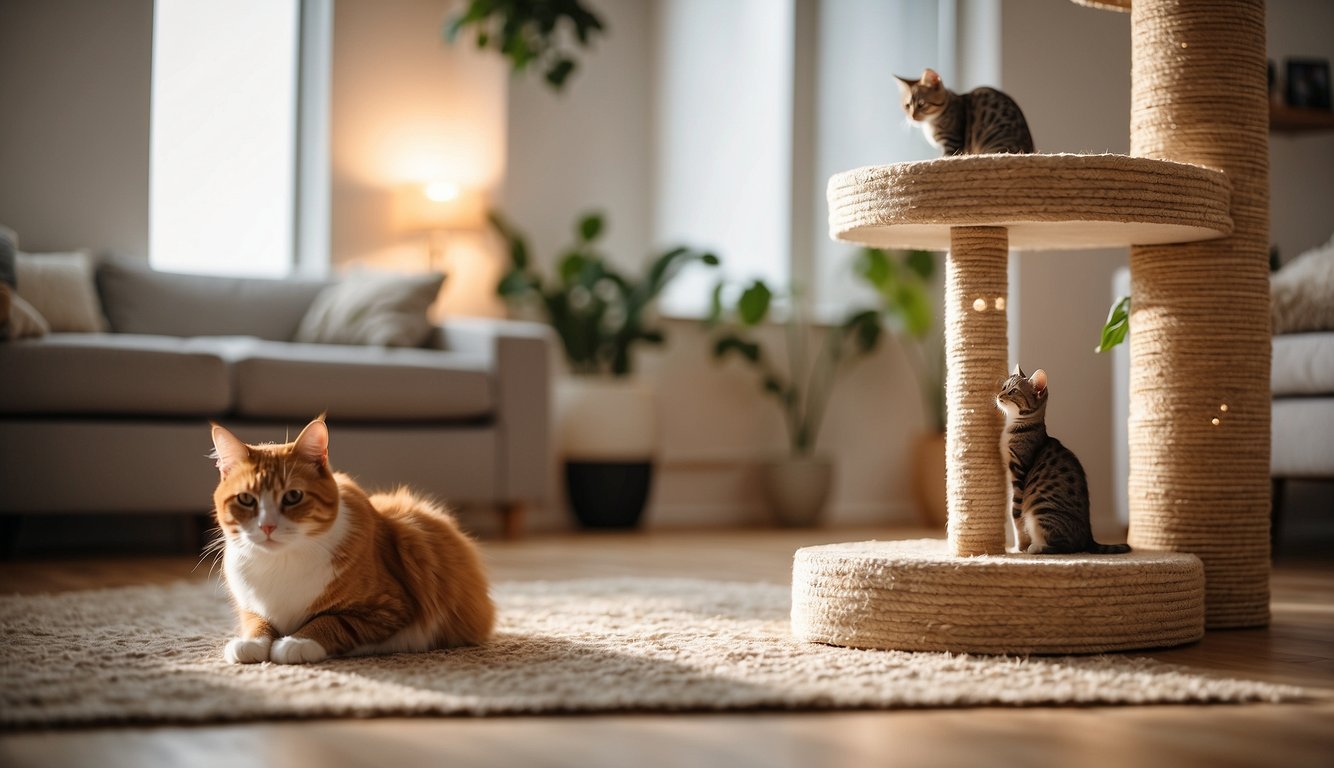 A cozy living room with a cat tree, scratching post, and toys scattered around. A litter box tucked away in a corner and food and water dishes on the floor