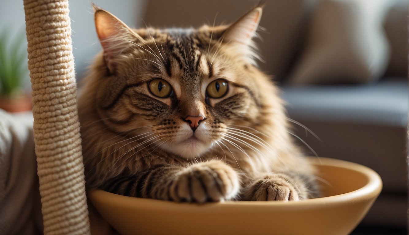 A cat sitting next to a scratching post, with a bowl of food and water nearby. A cozy bed and a variety of toys are scattered around the room