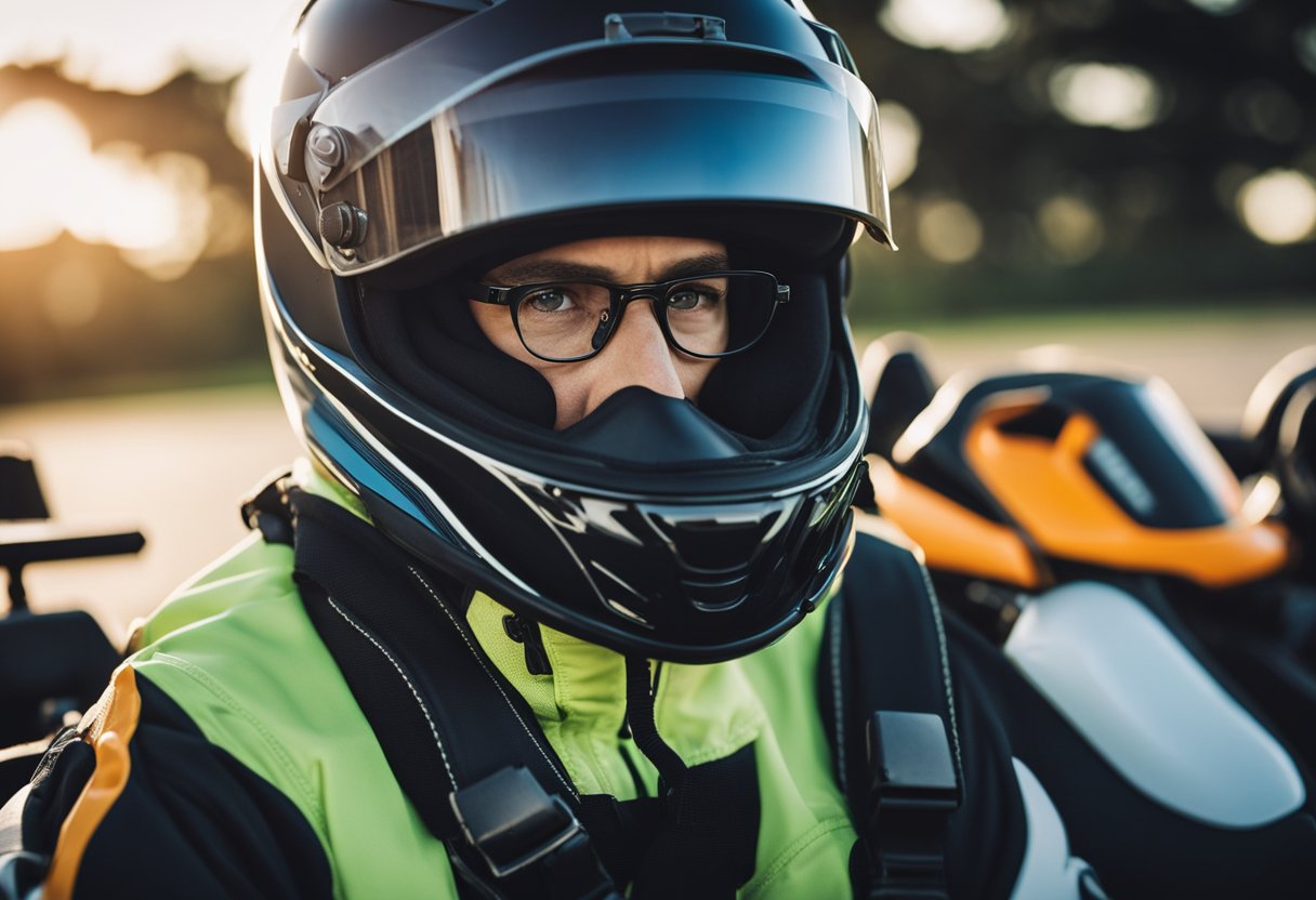 A person wearing protective gear and clothing, including glasses, is ready to go kart