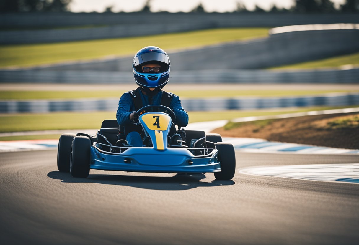A go-kart driver with glasses navigates a sharp turn on the track, ensuring clear vision and safe driving