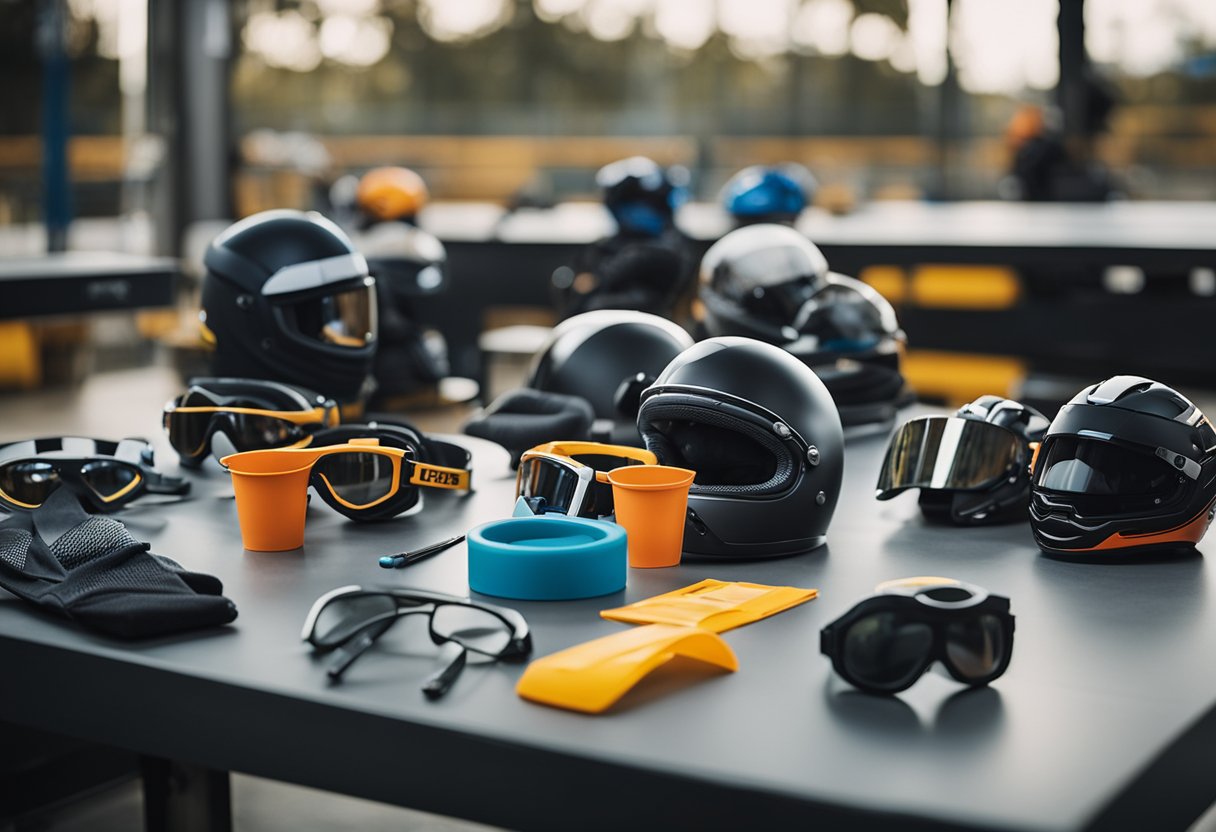 A person carefully places glasses and safety equipment on a table before getting into a go-kart
