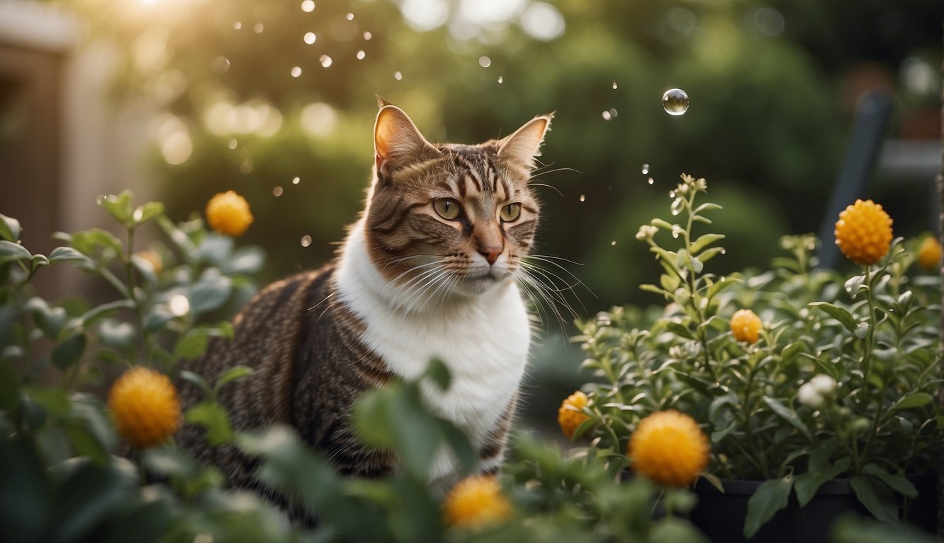 A garden with cat deterrents like prickly plants, citrus peels, and motion-activated sprinklers