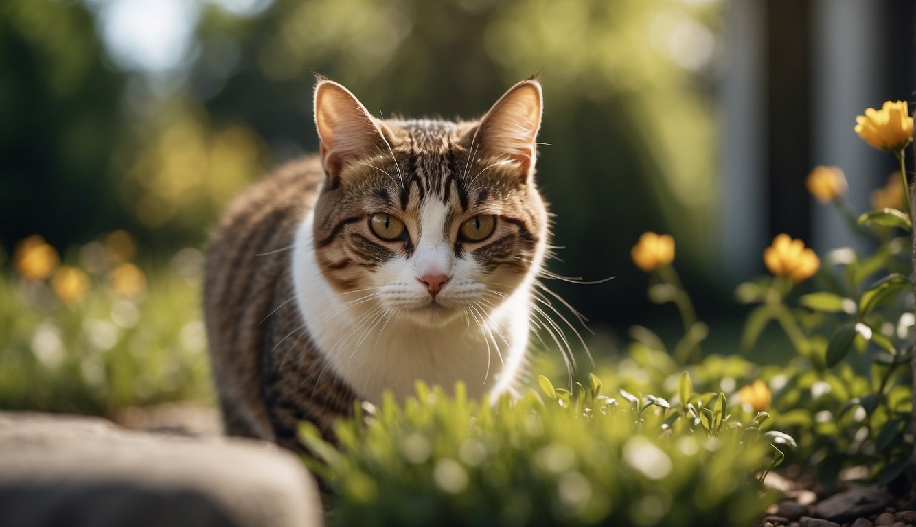 A cat crouches in a garden, tail twitching. Nearby, a deterrent like citrus or a motion-activated sprinkler