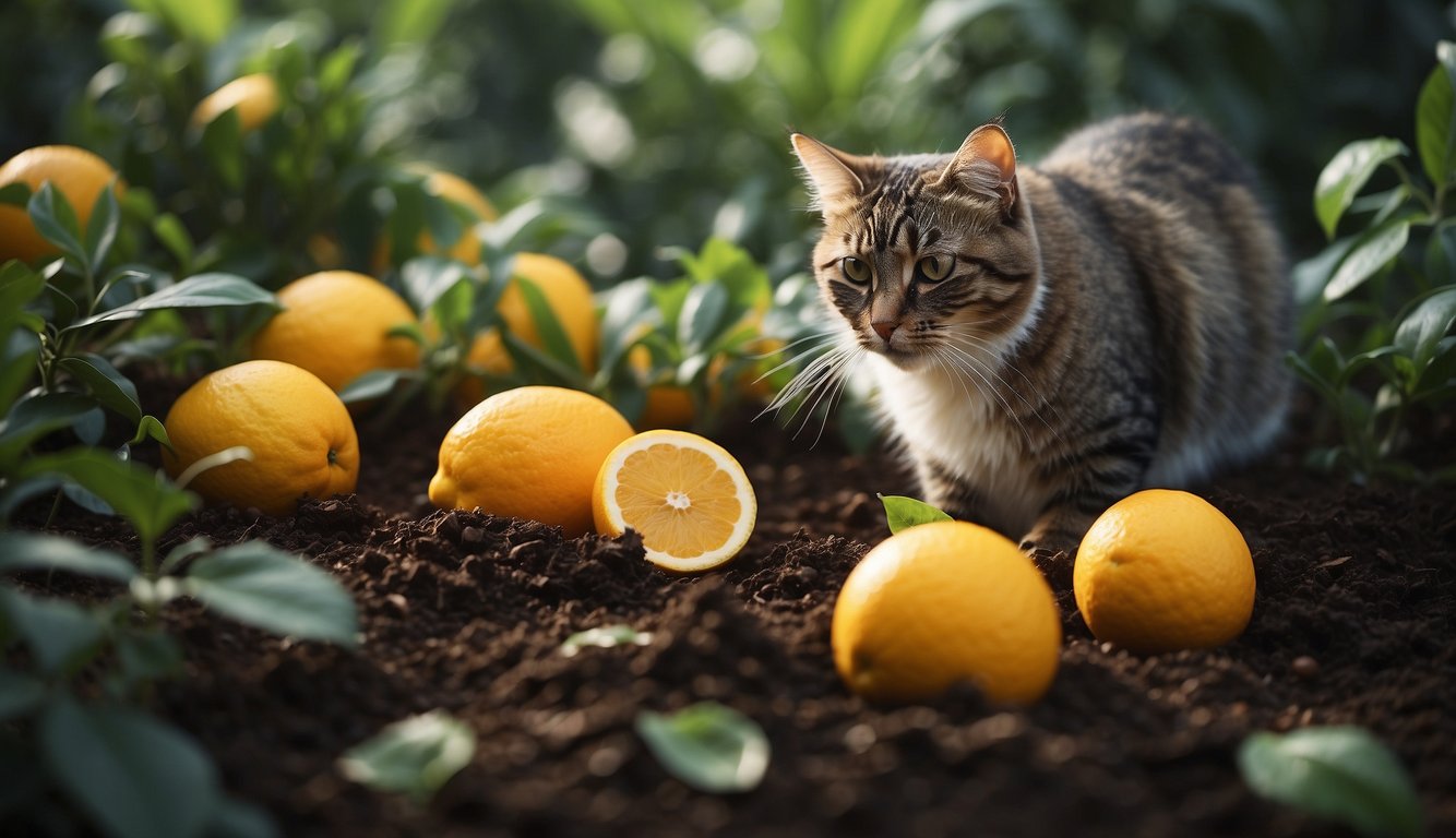 A garden with scattered citrus peels, coffee grounds, and prickly plants to deter cats from pooping