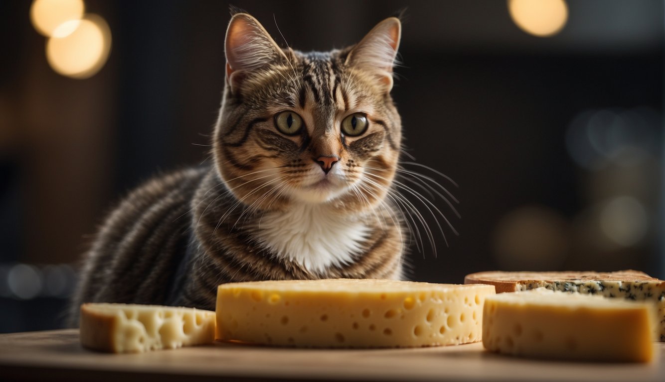 A cat sitting in front of a small piece of cheese, looking at it curiously