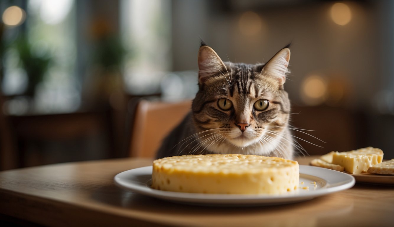 A cat eagerly approaches a plate of cheese, sniffing and licking it with curiosity