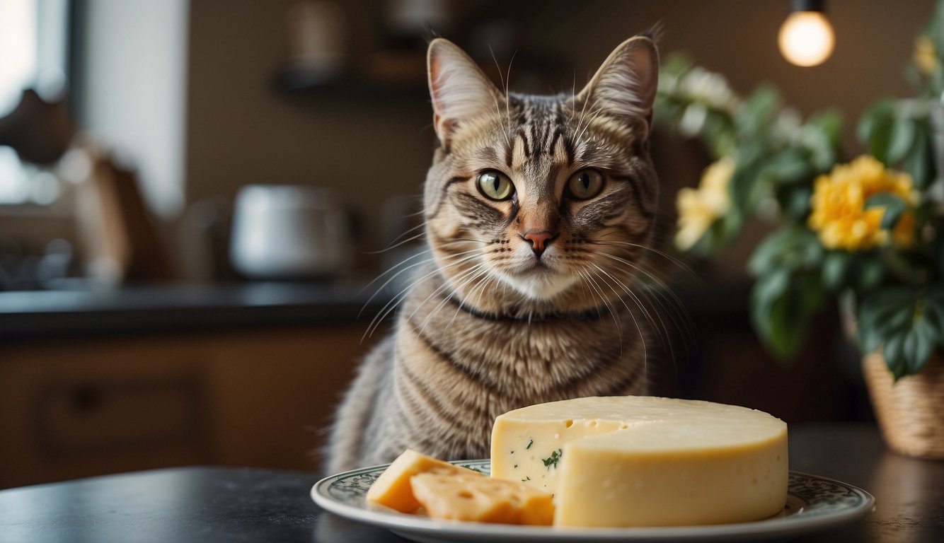 A cat sitting next to a plate of cheese, looking curious but cautious. A warning sign or symbol indicating potential health concerns