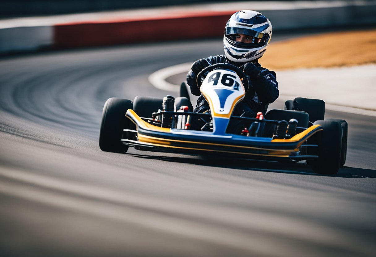 A go-kart driver navigating a sharp turn, leaning into the curve with focused determination, muscles engaged and working to control the vehicle