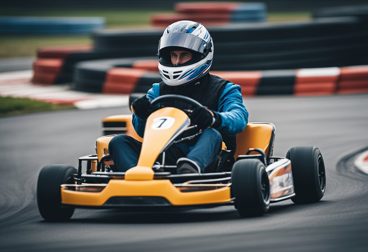 Go-karting scene: A driver maneuvering a go-kart around sharp turns, using upper body strength to steer and lower body muscles to control the pedals