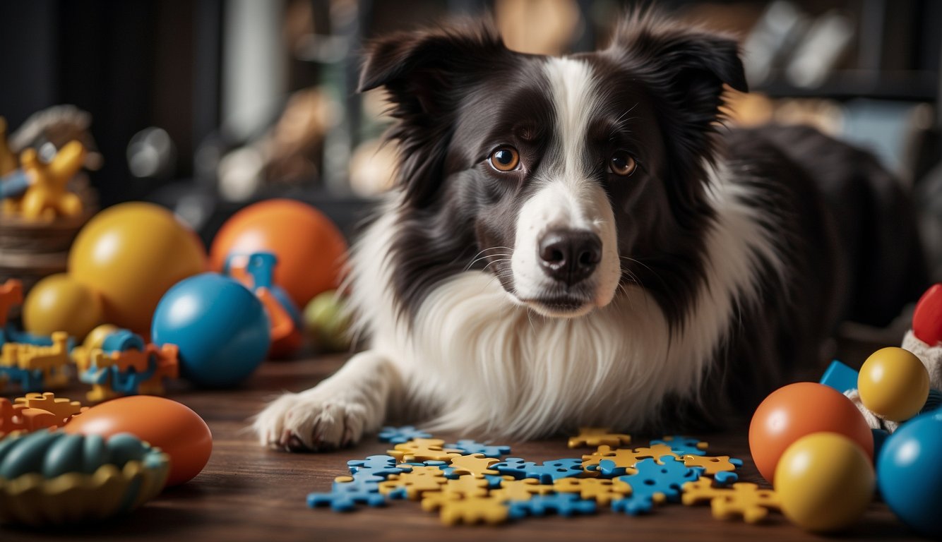 A border collie solves a puzzle, surrounded by various objects and toys