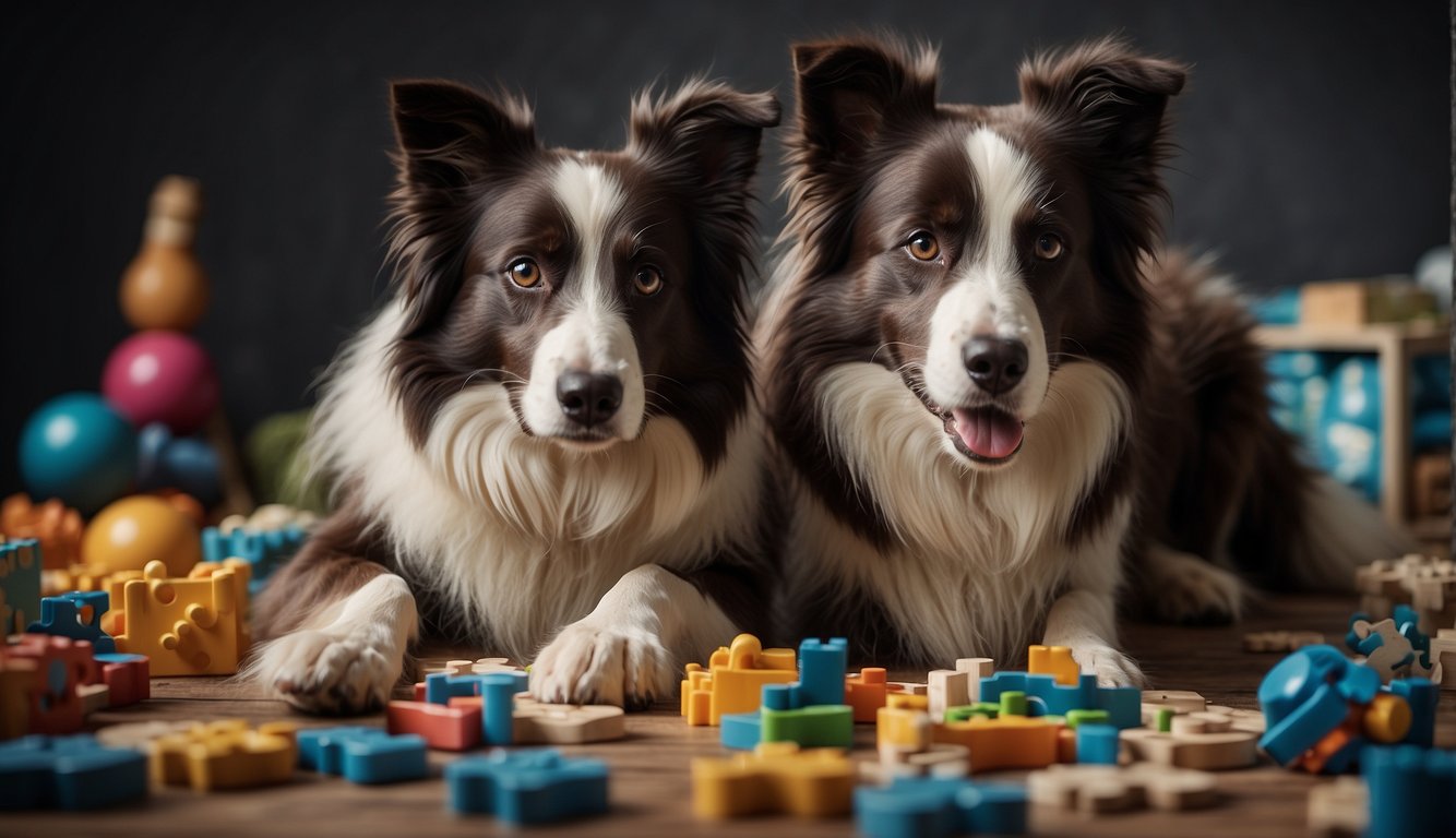 A border collie solving a puzzle, surrounded by various objects and toys