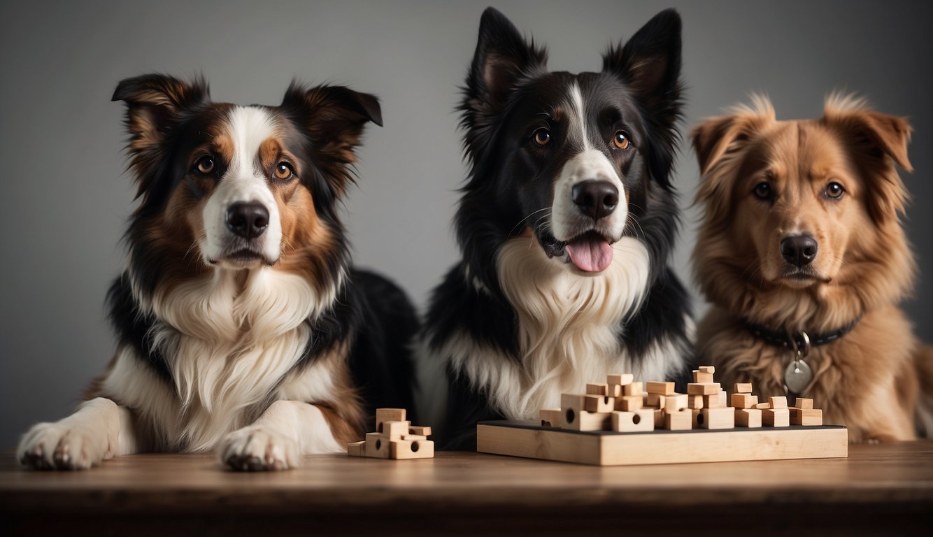 A border collie, poodle, and German shepherd sit side by side, displaying alert and attentive expressions. A stack of intelligence test puzzles lays in front of them