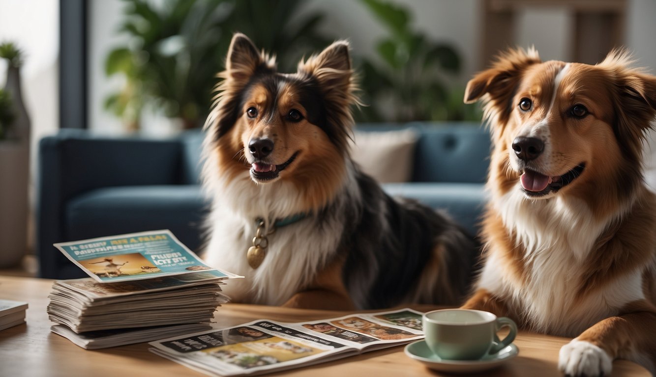 A happy dog and cat sit next to their owners, surrounded by a variety of pet insurance brochures. The owners are comparing policies and discussing the best options for their beloved pets