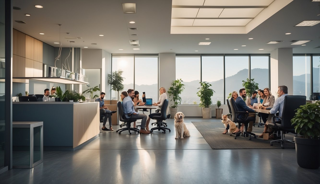 Various pets with their owners, a vet, and insurance agents gather at a modern pet insurance office. The office features a sleek design and a prominent display of the top pet insurance companies for 2024