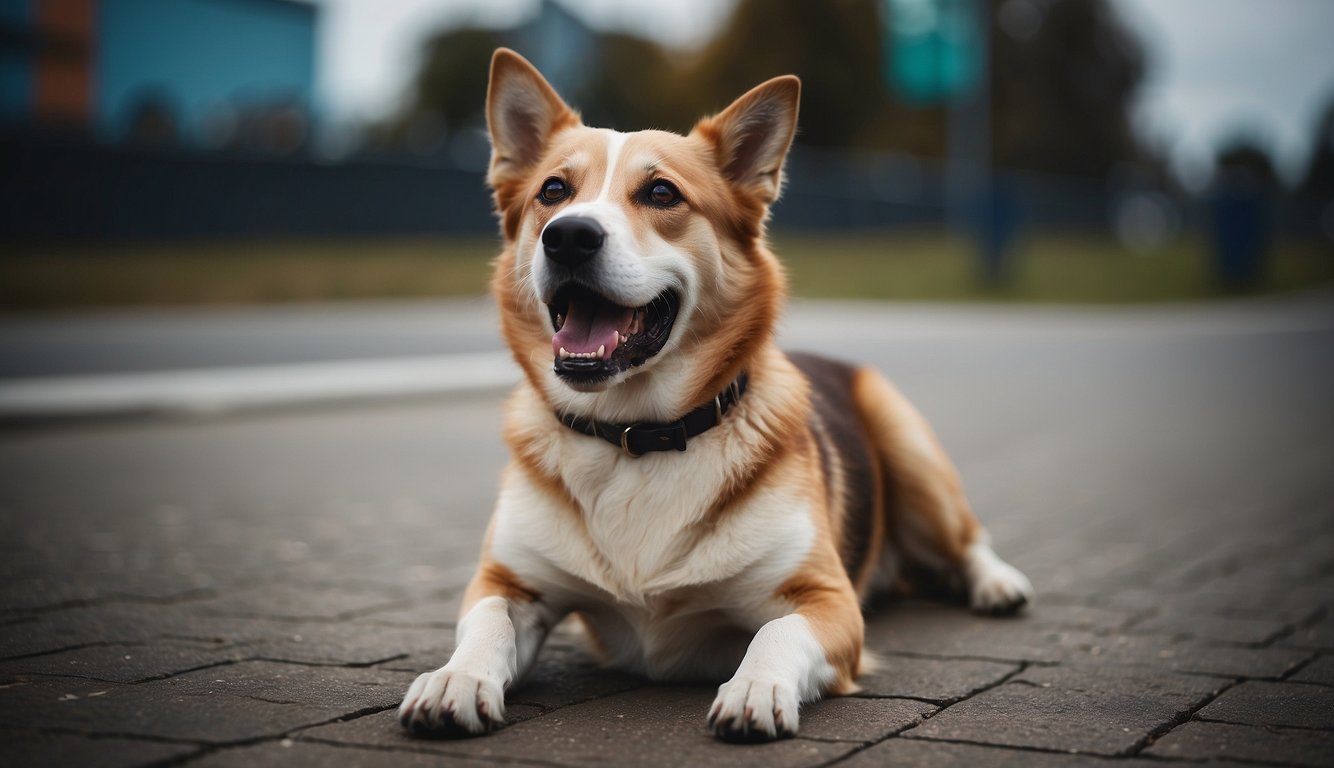 A dog with a tense posture, bared teeth, and a person with a distressed expression in the background