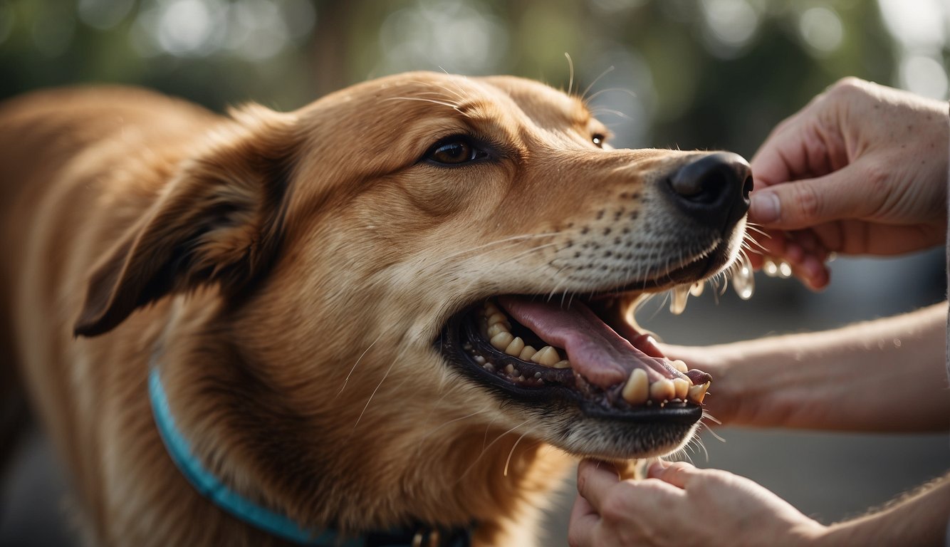 The dog's teeth sink into the victim's skin, causing a sudden flinch and yelp of pain. The dog owner rushes to restrain the animal while the victim assesses their injury