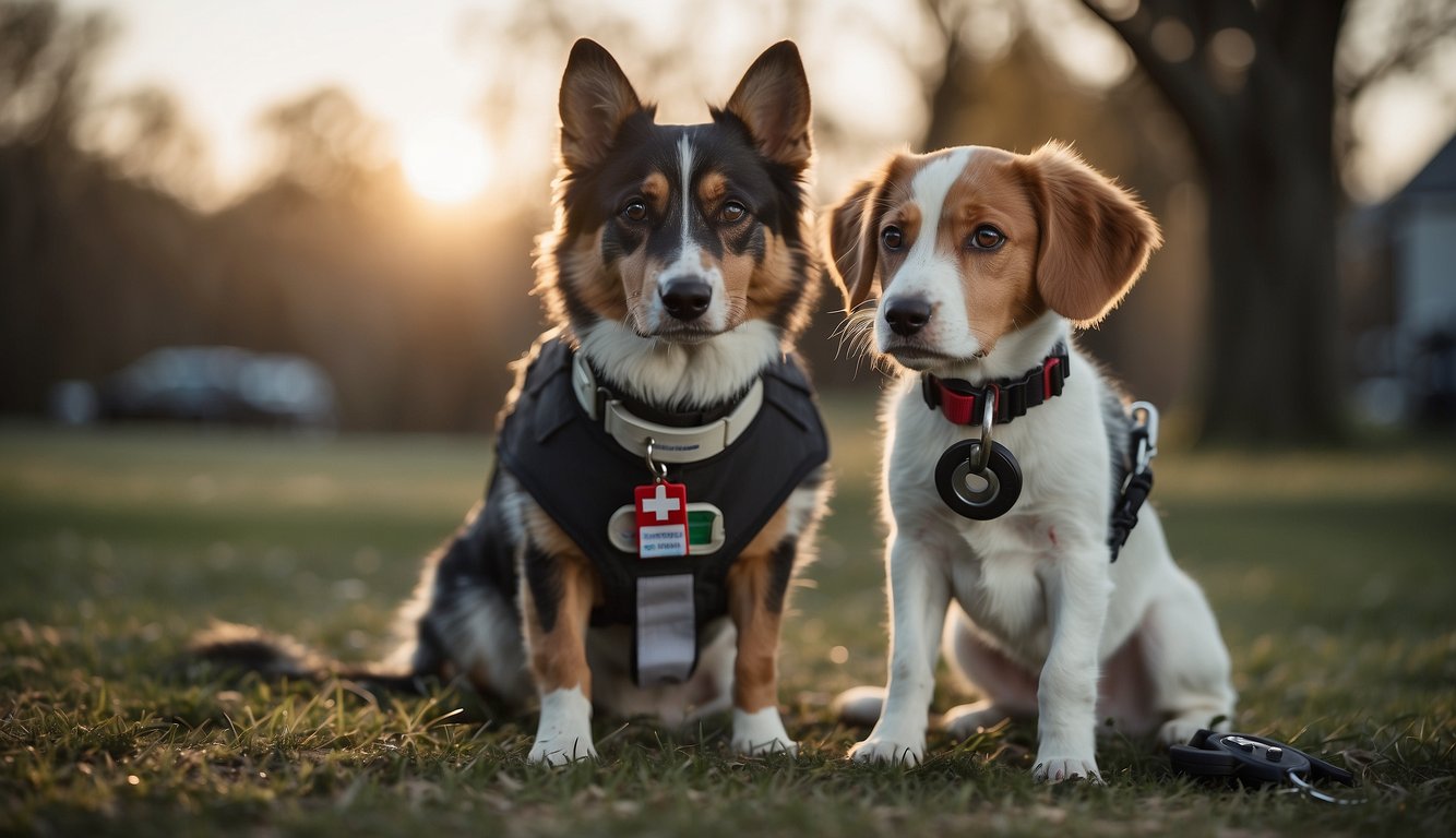 A dog with a collar and leash stands in front of a person holding a bandaged arm. An open first aid kit and a phone with emergency numbers are visible in the background