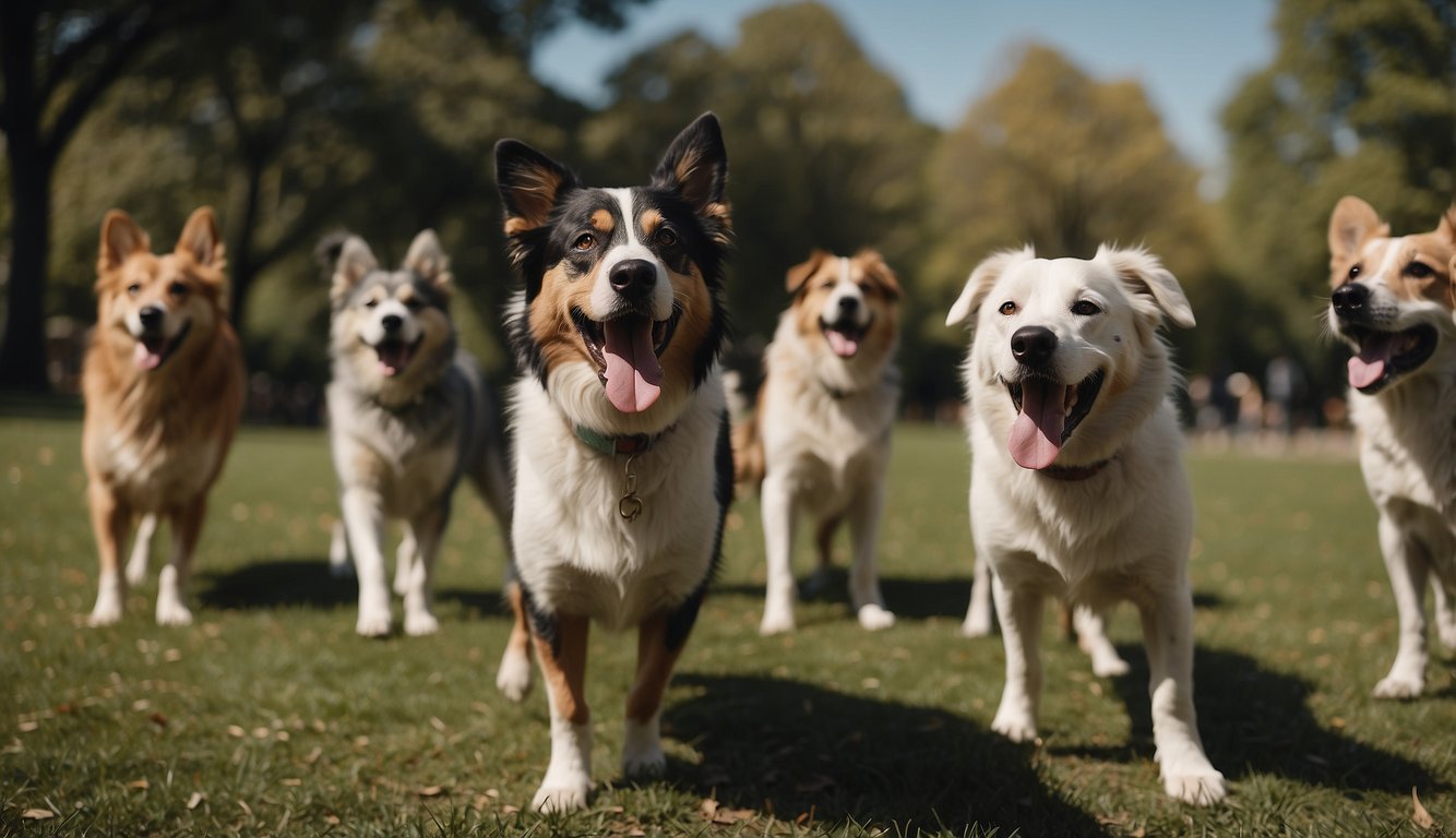 A group of dogs barking loudly in a park, with one dog standing out as the leader, while others join in the chorus