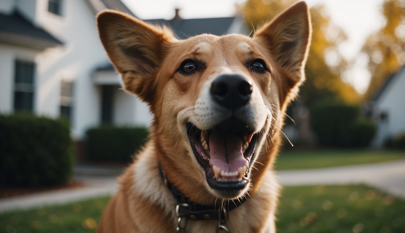 A dog barks loudly in a quiet neighborhood, its ears perked up and its mouth open wide, showing its sharp teeth