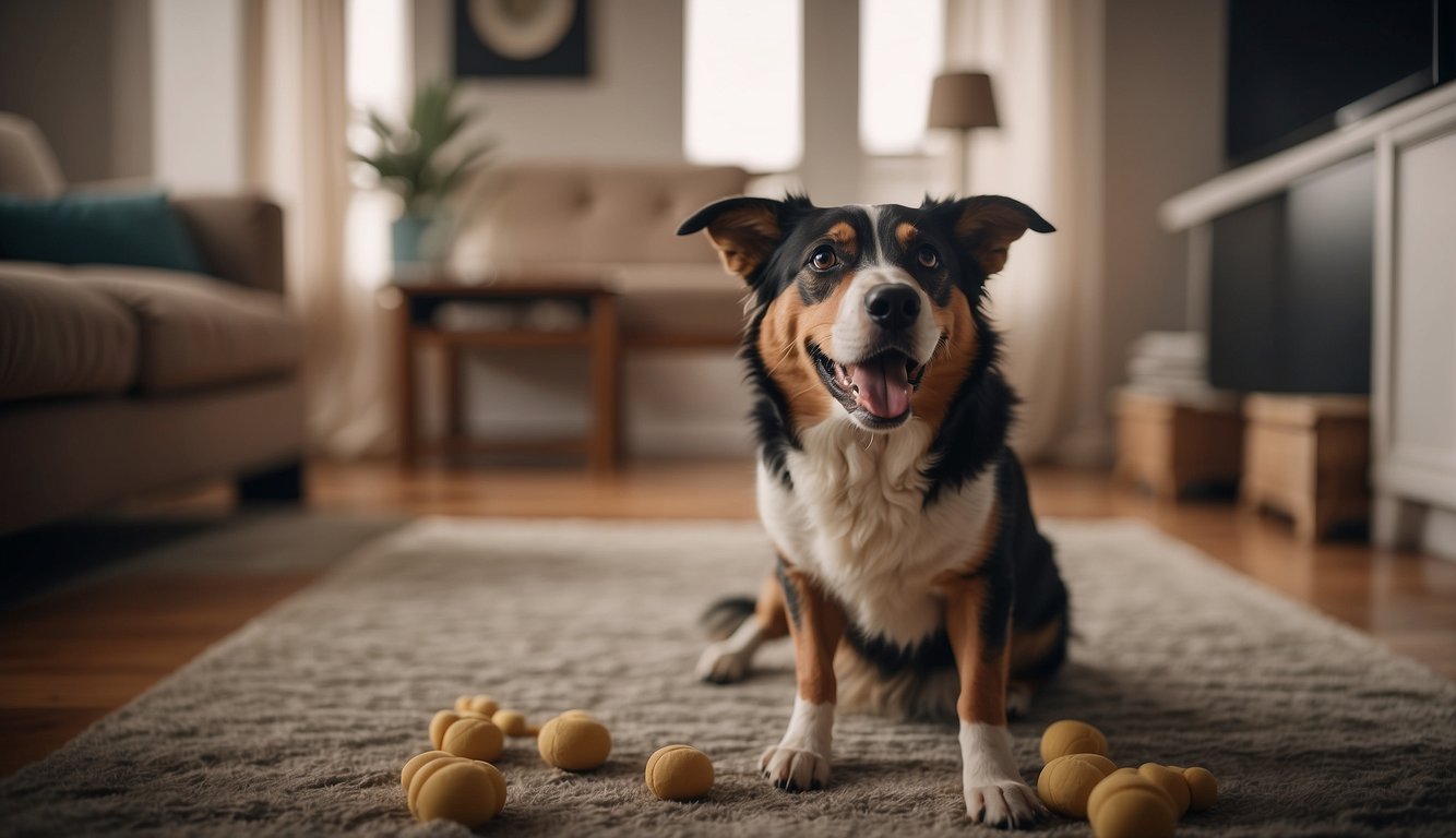 A dog barks loudly in a living room, while a frustrated owner tries to calm it down with treats and toys