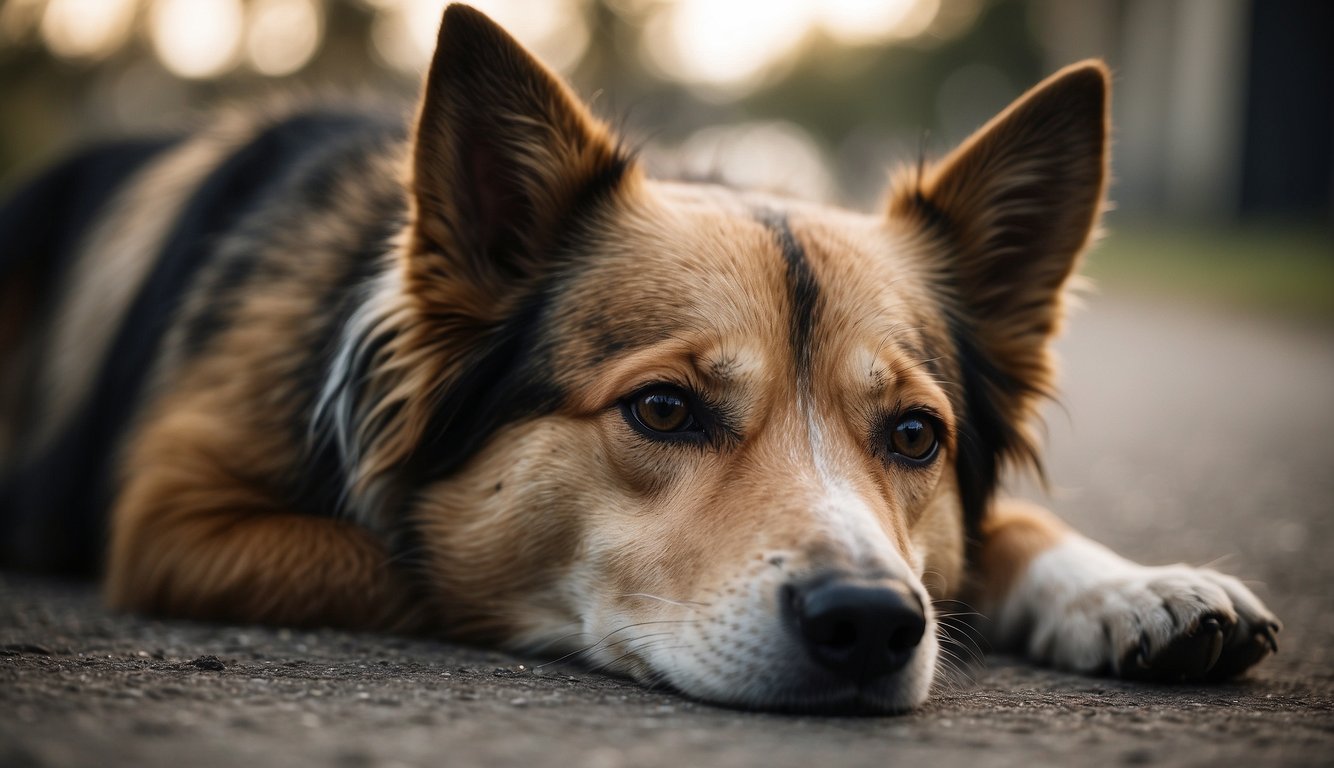 A dog lying on the ground, licking its wounded paw with a concerned expression on its face