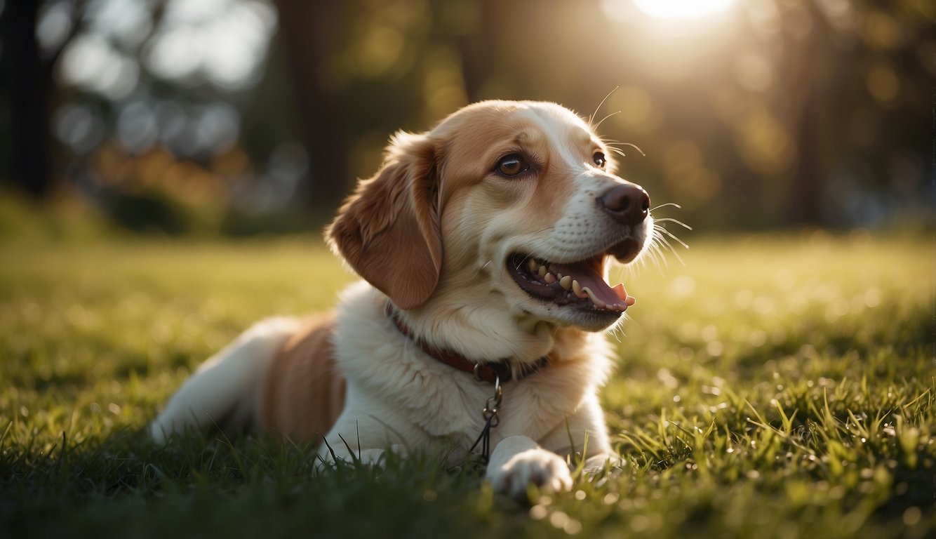 A dog licking its wounded paw while sitting on a grassy patch, with a concerned expression on its face