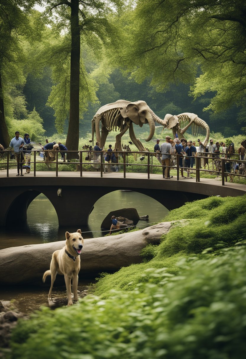 Lush green park with towering trees, winding paths, and a peaceful river. A mammoth skeleton is being excavated by paleontologists, surrounded by curious onlookers and their dogs