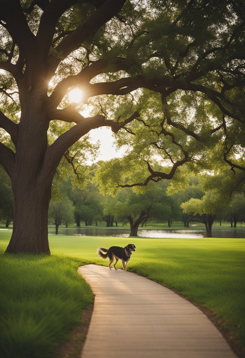 Lush green park with winding trails, dog-friendly amenities, and a serene riverfront in Brazos Park East, Waco