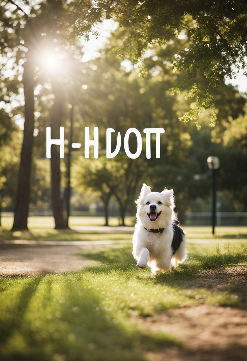 Dogs playing in a grassy park with trees and a fenced area. A sign reads "H.O.T. Dog Park Dog-Friendly Parks in Waco"