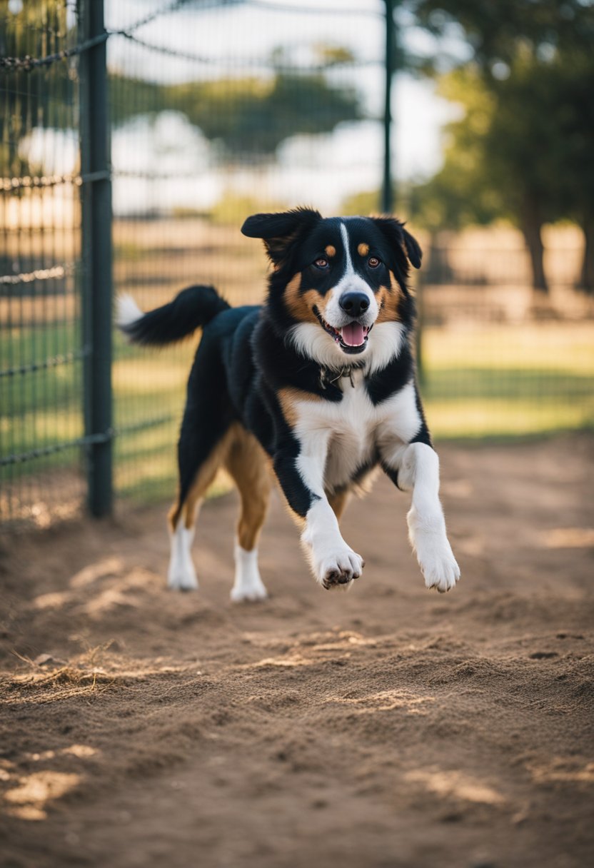 Dogs play in fenced-in area at Woof Way Dog Park in Waco
