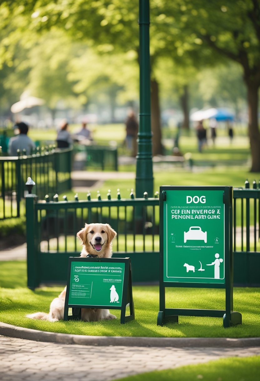 Lush green park with dog-friendly signage, water fountains, and waste disposal stations. Dogs playing fetch and owners socializing