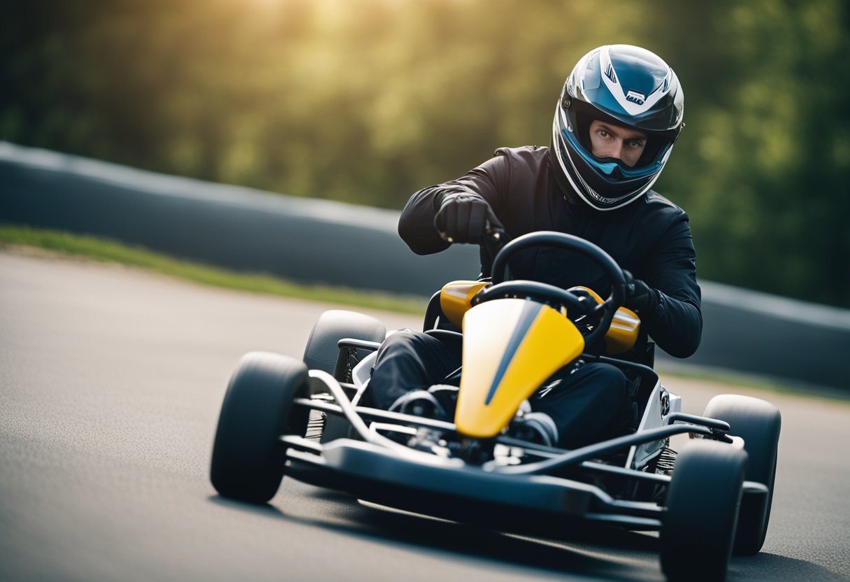 A go-kart speeds around a sharp turn, causing the driver's head to snap back and forth. A doctor examines the patient's neck for signs of whiplash