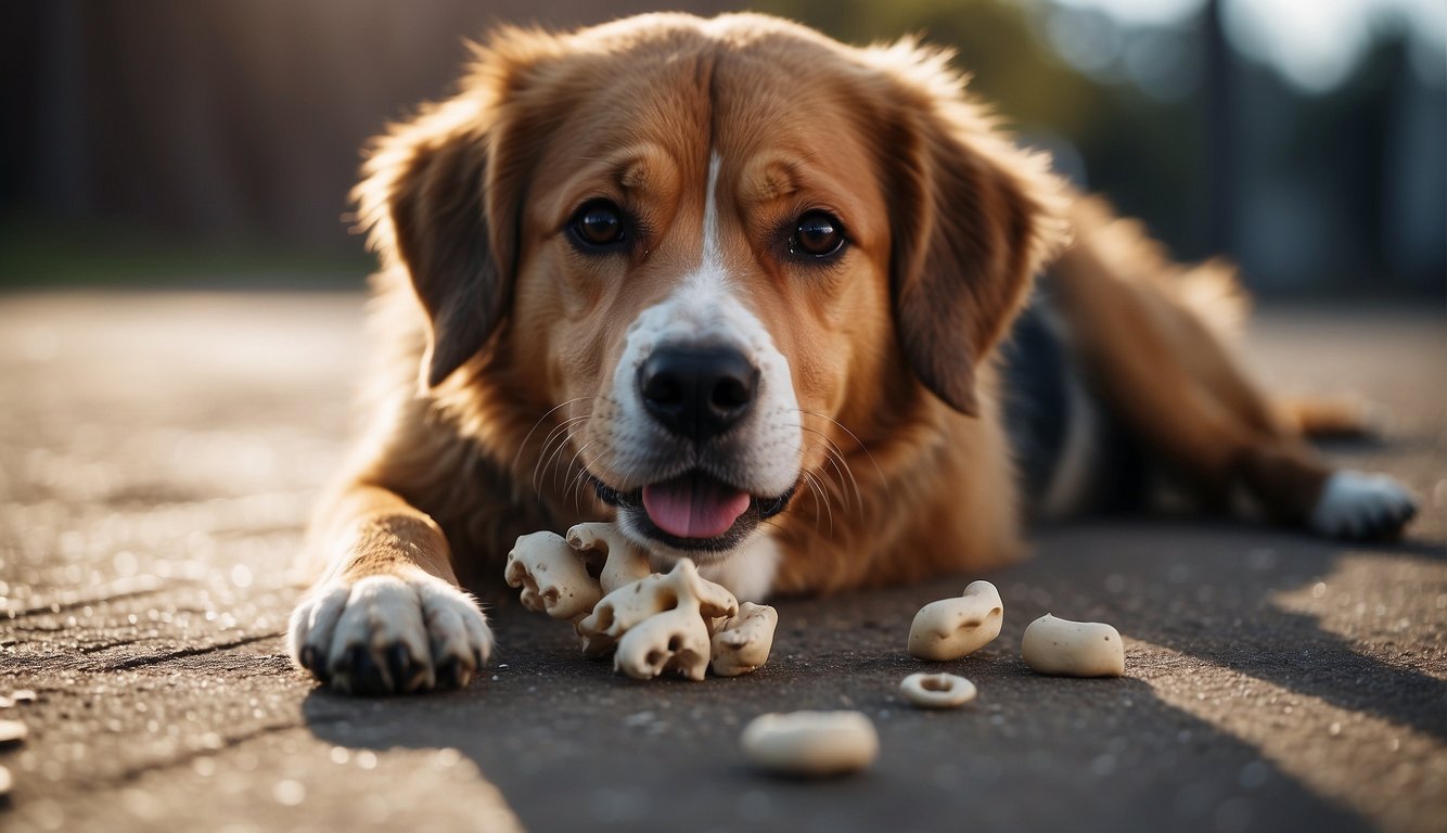 A dog scratching the floor with its paws, looking frustrated. Nearby, a pile of scattered toys and a chewed-up bone