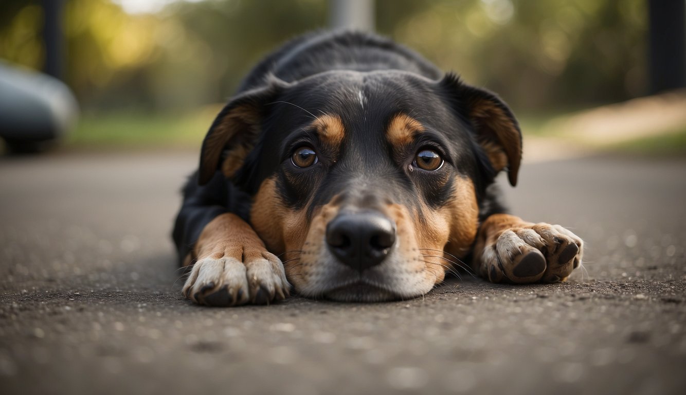 A dog vigorously scratching the floor with its paws, possibly leaving marks or digging into the ground. The dog may appear frustrated or determined in its actions