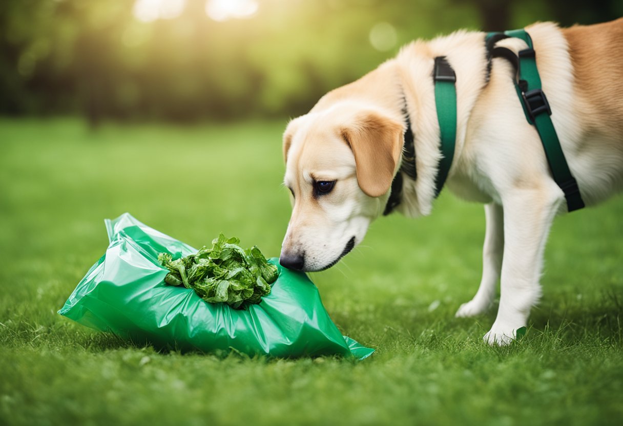 A dog near a biodegradable waste bag in a green outdoor setting