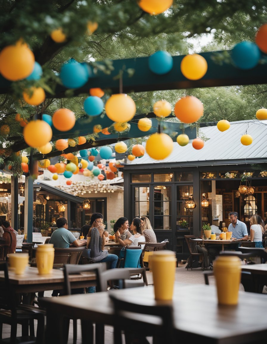 A bustling Texas Tea House with colorful decor, outdoor seating, and families enjoying meals together