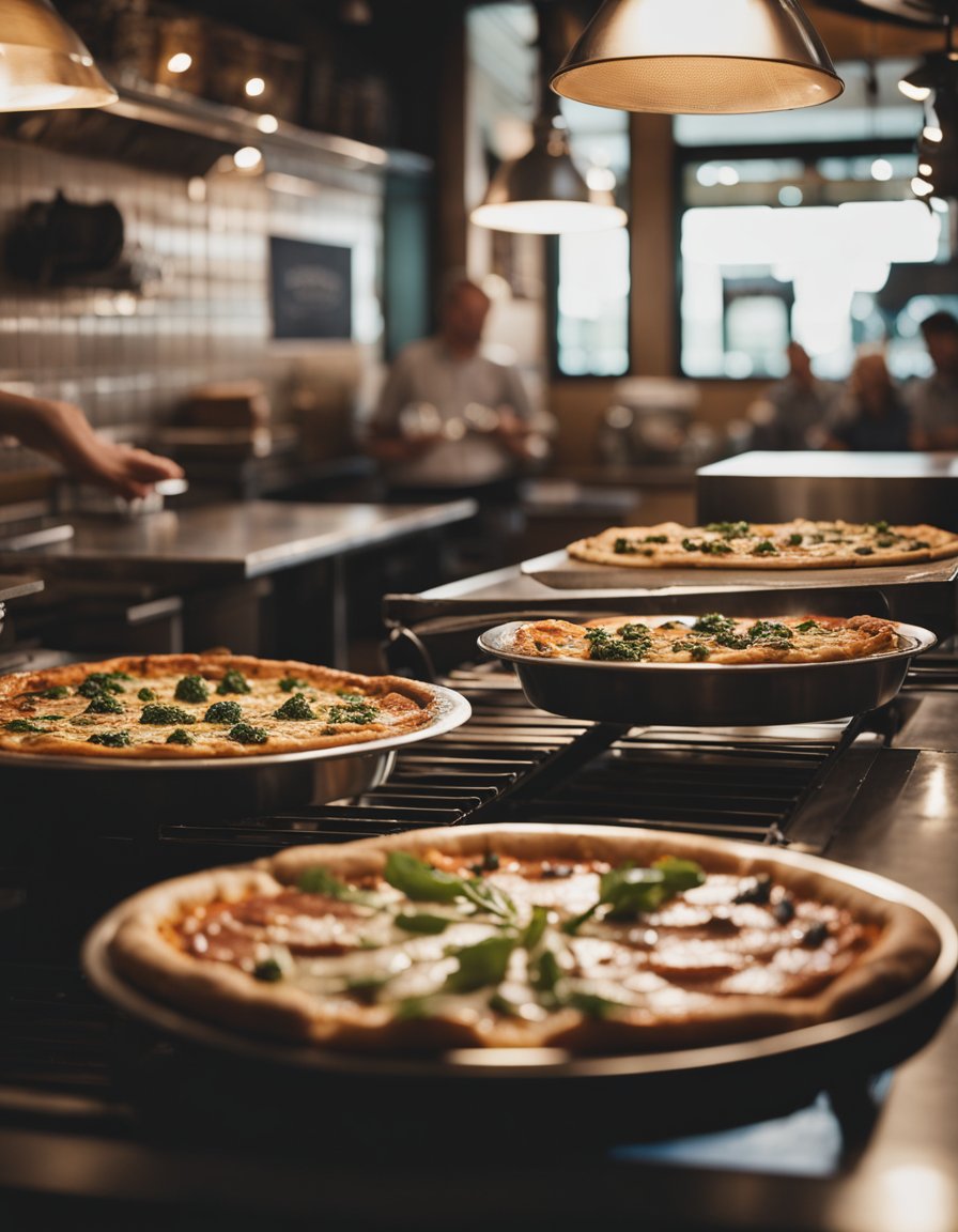 A bustling wood-fired pizzeria in Waco, with families enjoying delicious meals and lively conversations in a cozy, welcoming atmosphere