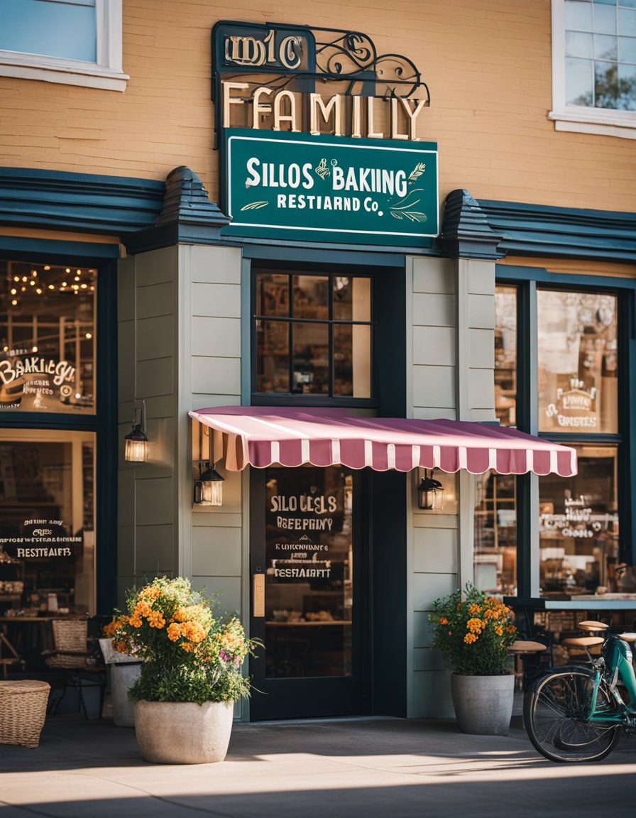 A cheerful bakery with a colorful storefront, outdoor seating, and a welcoming atmosphere. A sign above the entrance reads "Silos Baking Co Family-Friendly Restaurants in Waco."