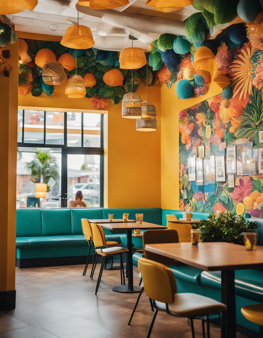 A colorful and lively restaurant interior with tables, chairs, and a vibrant mural on the wall. The atmosphere is warm and inviting, with the smell of fresh tacos in the air