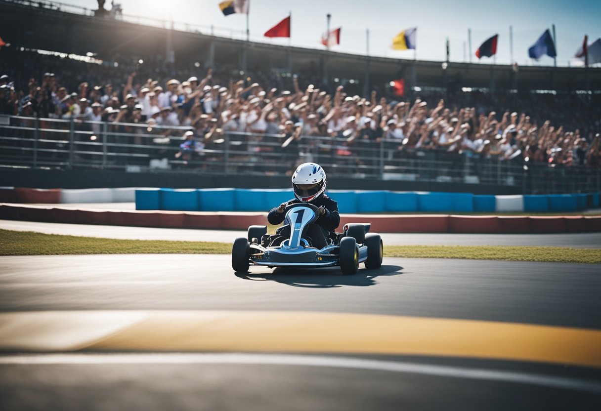 A go kart racing around a track, with a crowd of spectators cheering and waving flags. The sun is shining, and the sound of engines fills the air