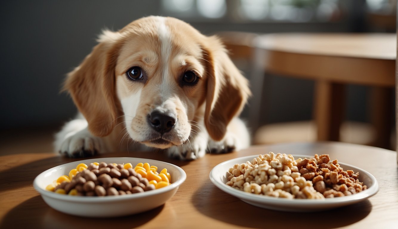 A playful puppy sits beside a full food bowl while an adult dog eats from a separate dish, indicating the transition to adult food