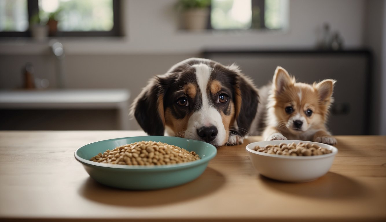 A playful puppy sits beside a bowl of kibble, while an adult dog eats from a separate bowl. The puppy looks curiously at the adult dog's meal, indicating the need to transition to adult food