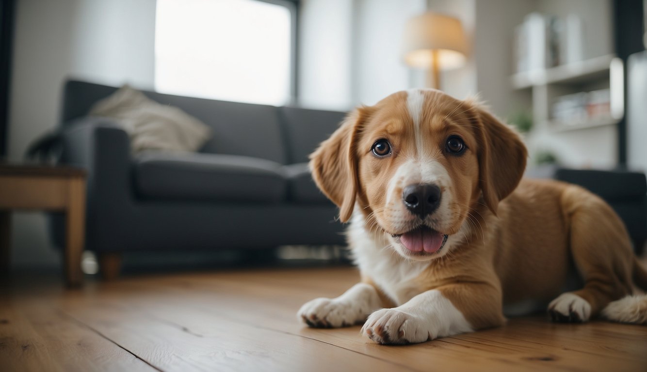 A mischievous puppy chewing on furniture while the owner looks on disapprovingly