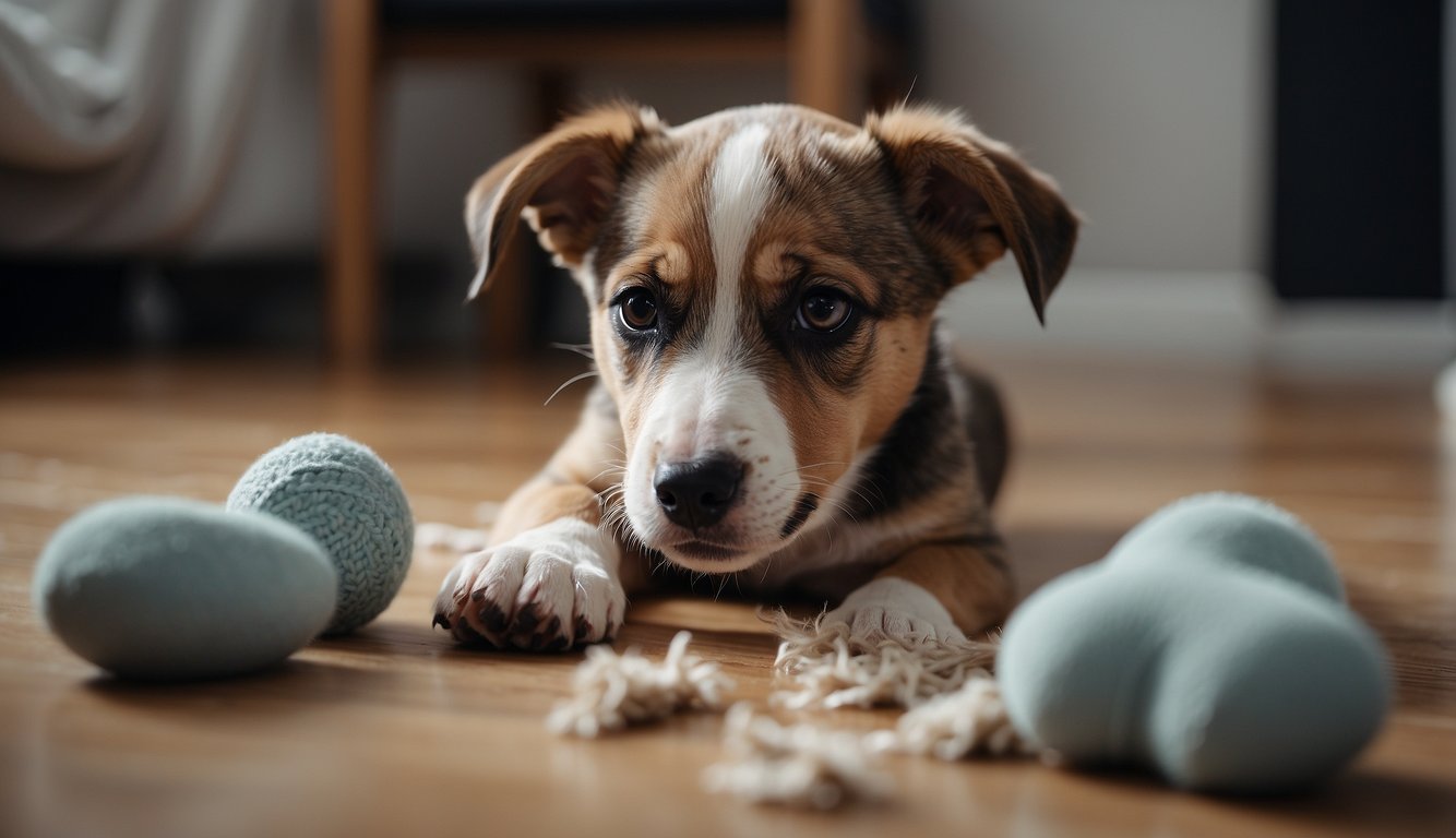 A puppy sits with ears back, avoiding eye contact. Nearby, a chewed-up shoe and torn pillow lay on the floor. A stern voice commands "No!" as the puppy looks guilty