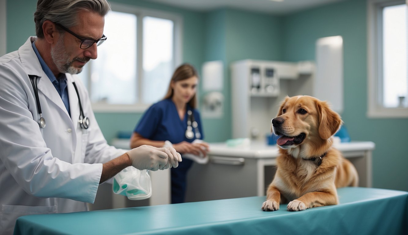 A veterinarian administers essential dog vaccinations in a bright, clean clinic room with a table, medical supplies, and a calm, attentive canine patient