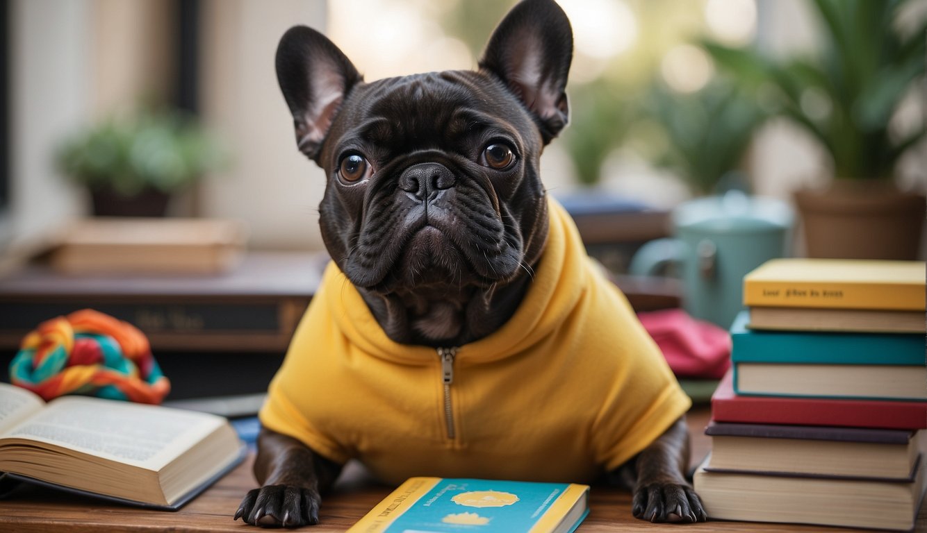 A French Bulldog sits next to a guidebook, surrounded by colorful objects. The dog appears content and relaxed, with a friendly and curious expression